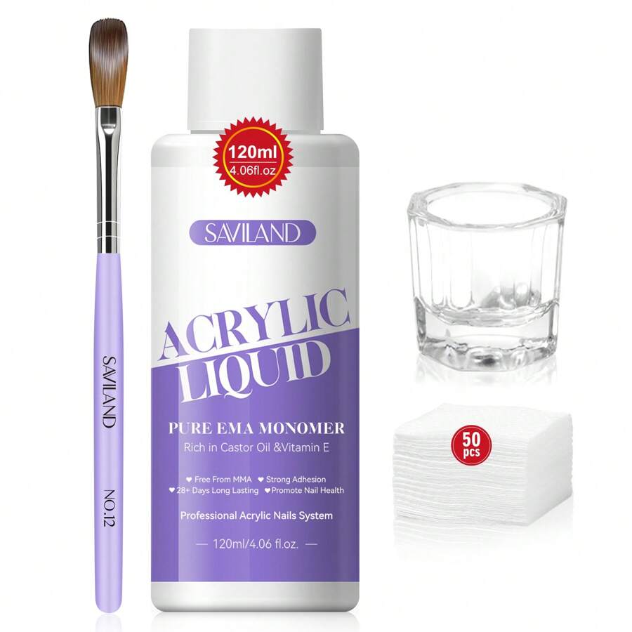 Saviland Monomer Acrylic Nail Liquid 4oz - Acrylic Liquid And Acrylic Nail Brush Size 12 For Acrylic Powder With Glass Cup Cleaning Pads Acrylic Nail Kit Tools For Beginners DIY Nail Extension Carving Acrylic Press On Nails