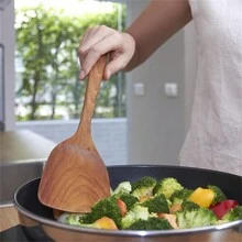 2 pièces Set d'ustensiles de cuisine en bambou naturel - Cuillère et louche en bambou, 100% imperméable, ustensiles de cuisine en bois sain, convenant pour les poêles antiadhésives