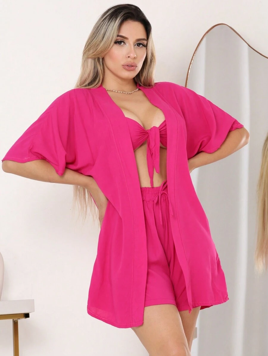 conjunto 3 pelas short kimono cropped biquini soltinho viscose verão