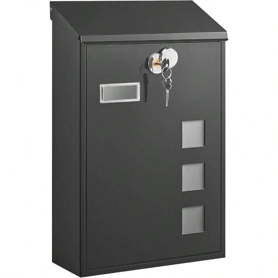 Modern Wall Mounted Post Box With Viewing Windows, Nameplate, Lock With Copper Core, Easy To Install, Black - Black - View 1