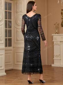 Vestido largo modesto de manga larga con elaborados bordados de lentejuelas y cuentas, estilo árabe, para mujeres