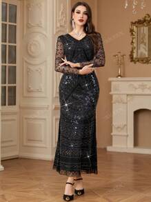 Vestido largo modesto de manga larga con elaborados bordados de lentejuelas y cuentas, estilo árabe, para mujeres