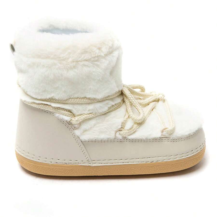 Winter Fashion Plush Patchwork Thick Sole Lace-Up Snow Boots - Beige - View 1