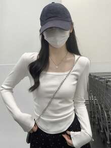 Women Square Neck Pullover T-Shirt, Wrinkle Design Fitted Short Crop Top