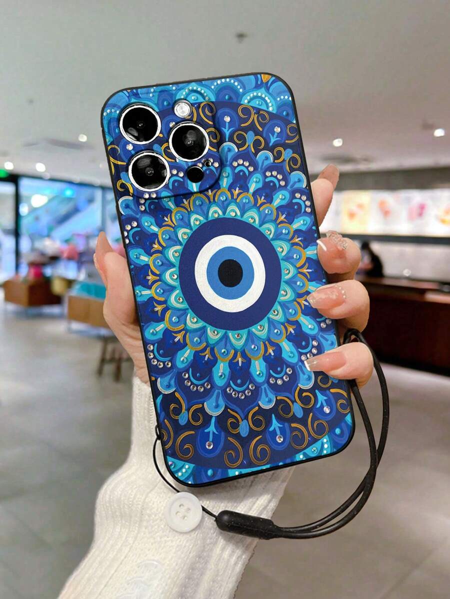 邪恶之眼穿孔直边蓝眼万花筒彩绘防摔手机壳软壳彩绘配黑色硅胶腕带，兼容 Iphone、Redmi 系列防摔手机壳 - 彩色 - 查看 1