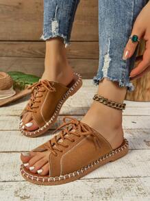 Sandali di jeans da donna, scarpe estive casual a punta aperta e piatte, ciabatte con lacci leggere - Castano - Visualizzare 2