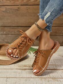 Sandali di jeans da donna, scarpe estive casual a punta aperta e piatte, ciabatte con lacci leggere - Castano - Visualizzare 4