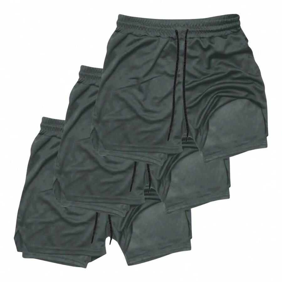 Kit 3 Dry Fit Thermal Training Shorts 2 In 1 With Cell Phone Pocket And Towel Holder Fitness Gym Shorts - 灰色 - 查看 1