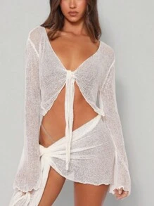 2pcs Women's Casual Tie-Front Long Sleeve Top And Skirt Cover Up Set, For Summer Beach Vacation - White - View 1
