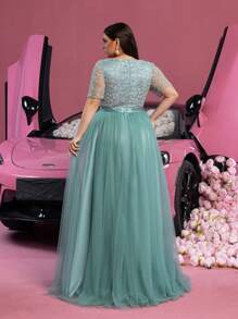 Faeriesty Plus Gorgeous Floral Beaded Bodice Contrast Tulle Evening Dress - Cadet Blue - View 3