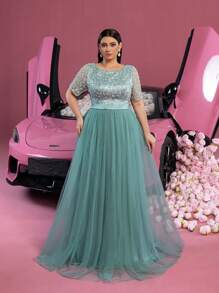 Faeriesty Plus Gorgeous Floral Beaded Bodice Contrast Tulle Evening Dress - Cadet Blue - View 6