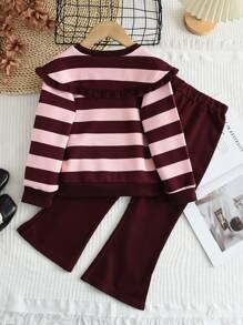 2pcs/Set Young Girl Casual Simple Lapel Striped Long Sleeve Top And Solid Flared Pants Suit, Spring/Autumn