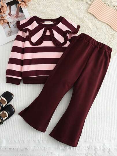 2pcs/Set Young Girl Casual Simple Lapel Striped Long Sleeve Top And Solid Flared Pants Suit, Spring/Autumn