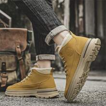 Men's Winter Warm Boots, Men's All-Match Thermal Lined Thick High-Top Work Boots With Waterproof Lace-Up Uppers, Elastic Anti-Slip Soles, Comfortable Outdoor Casual Boots - Yellow - View 4
