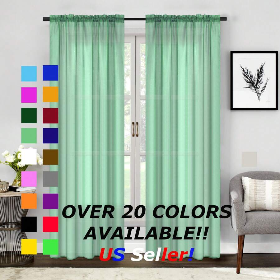 Two (2) Sheer Window Curtains Panels - Drapes Set Multiple Lengths (63", 84", 95", 108", 120" L) Rod Pocket Solid Colors - 獵人綠 - 查看 1