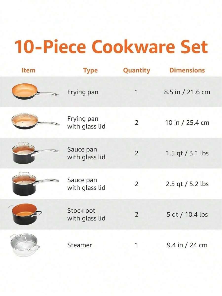 Ceramic Nonstick Pots And Pans Cookware Set, 10Piece Set Copper Color