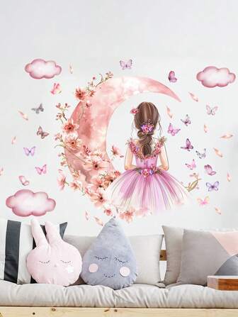 1 件月亮女孩剪影贴纸，粉色美学卧室装饰墙贴家居装饰墙壁装饰浴室装饰房间装饰用品客厅装饰房屋装饰家居装饰客厅墙纸贴纸个性化贴纸