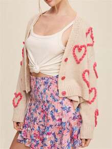 Women Button Up Sweaters Casual Heart Crochet Cropped Long Sleeves Knit Cardigans Warm Fall Knitwear For Streetwear - Turmeric - View 3