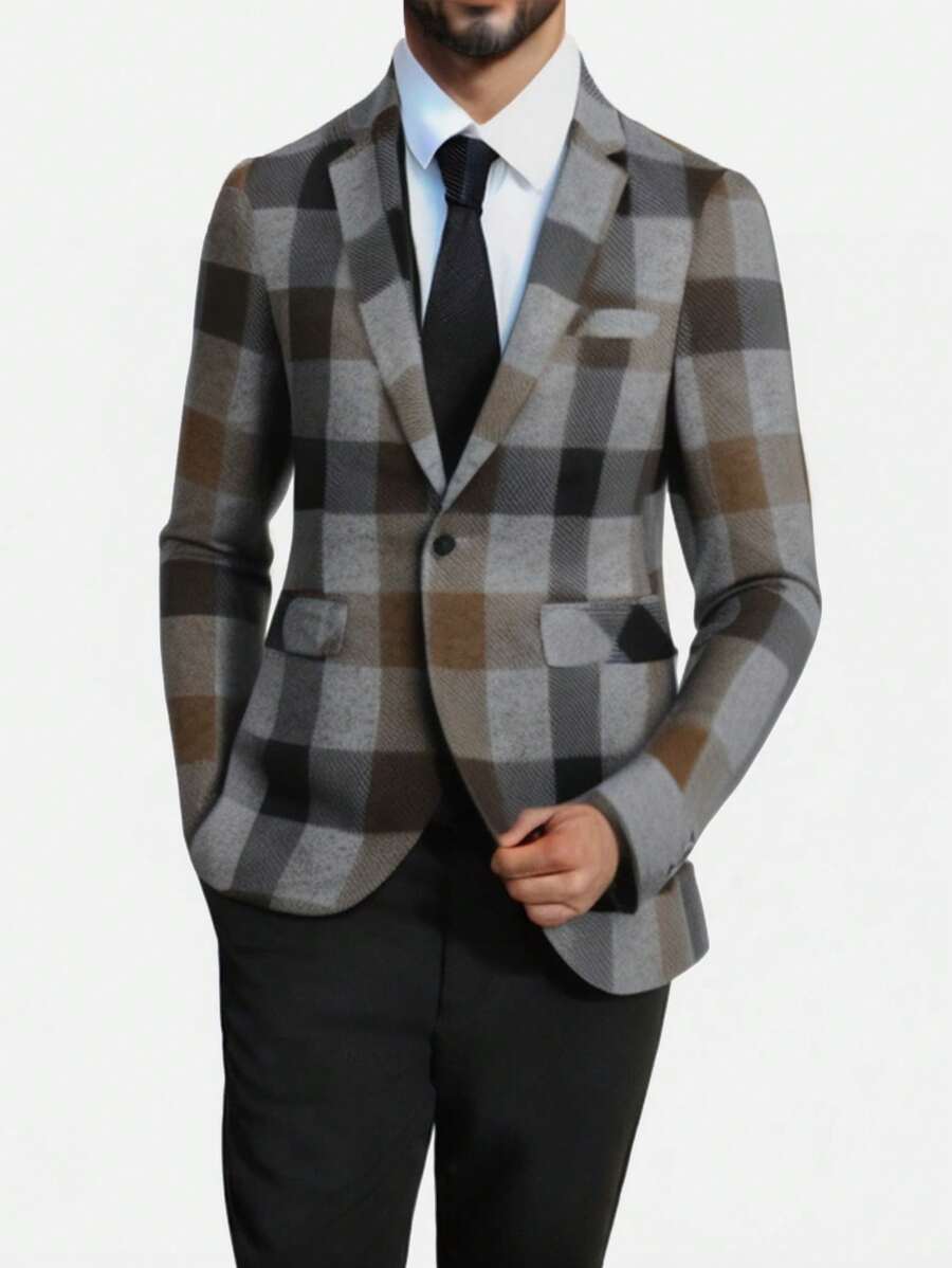 CLOUDSTYLE Men's Spring And Autumn Contrast Color Plaid Notched Collar Casual Blazer Jacket - Multicolor - View 1