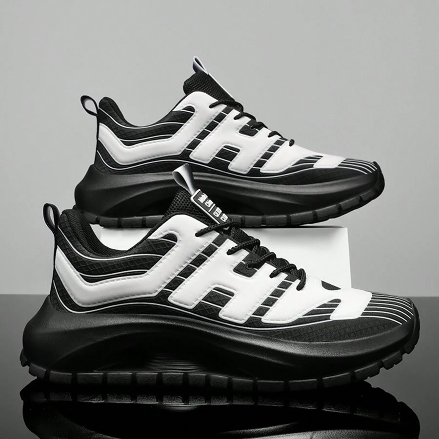 男士系带休闲运动鞋 - 时尚色彩 - 适合户外跑步、锻炼 - 黑色 - 查看 1