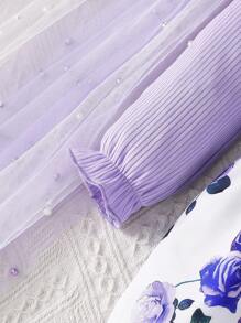 2 件套少女字母印花泡泡袖上衣和短裤套装 - 紫色 - 查看 4