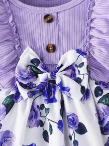 2 件套少女字母印花泡泡袖上衣和短裤套装 - 紫色 - 查看 6