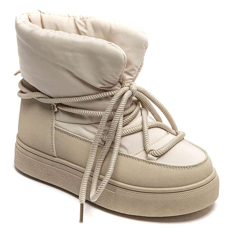 Giày bốt đi tuyết đế dày buộc dây thời trang mùa đông - Màu be - Xem 1