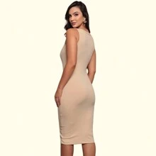 Basic Round Neck Ribbed Plain Fitted Premium Midi Dress - 卡其色 - 查看 3