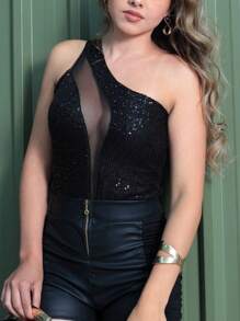 SEQUIN BODYSUIT WITH TRANSPARENT TULLE SLIT - 黑色 - 查看 3