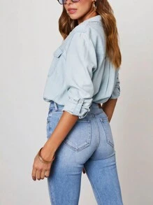 Women Denim Shirts Solid Color Turn Down Collar Long Sleeve Jean Blouses Spring Loose Casual Tops Streetwear - 淺藍色 - 查看 7