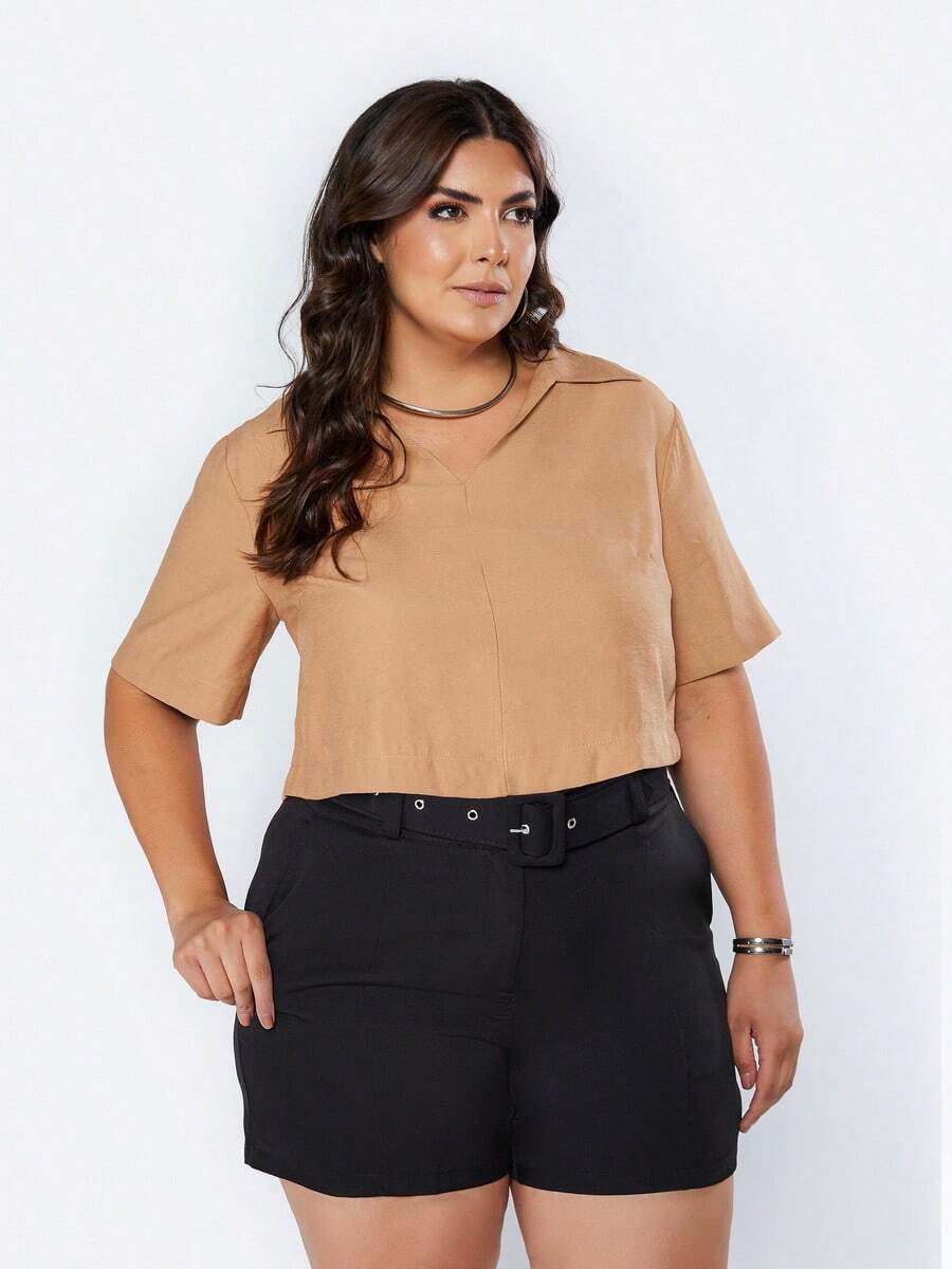 Cropped Blouse Short Sleeve V-Neck Tailored Summer - Màu be - Xem 1