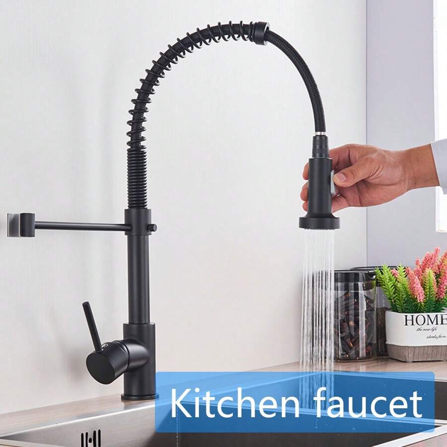 Monobloc Kitchen Sink Mixer Tap With Pull Out Hose Spray Single Lever Stainless,Matte Black - Black - View 1