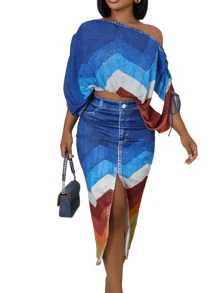 Colorblock Crop Top & Slit Skirt Set - 藍色 - 查看 2