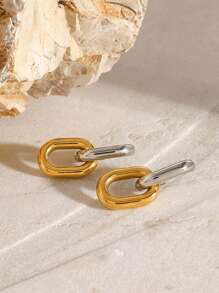 Uworld 1对欧美时尚小众复古女士链条式圆环扣不对称耳环日常通勤风格不锈钢耳环18K镀金 - 金銀拼色 - 查看 2