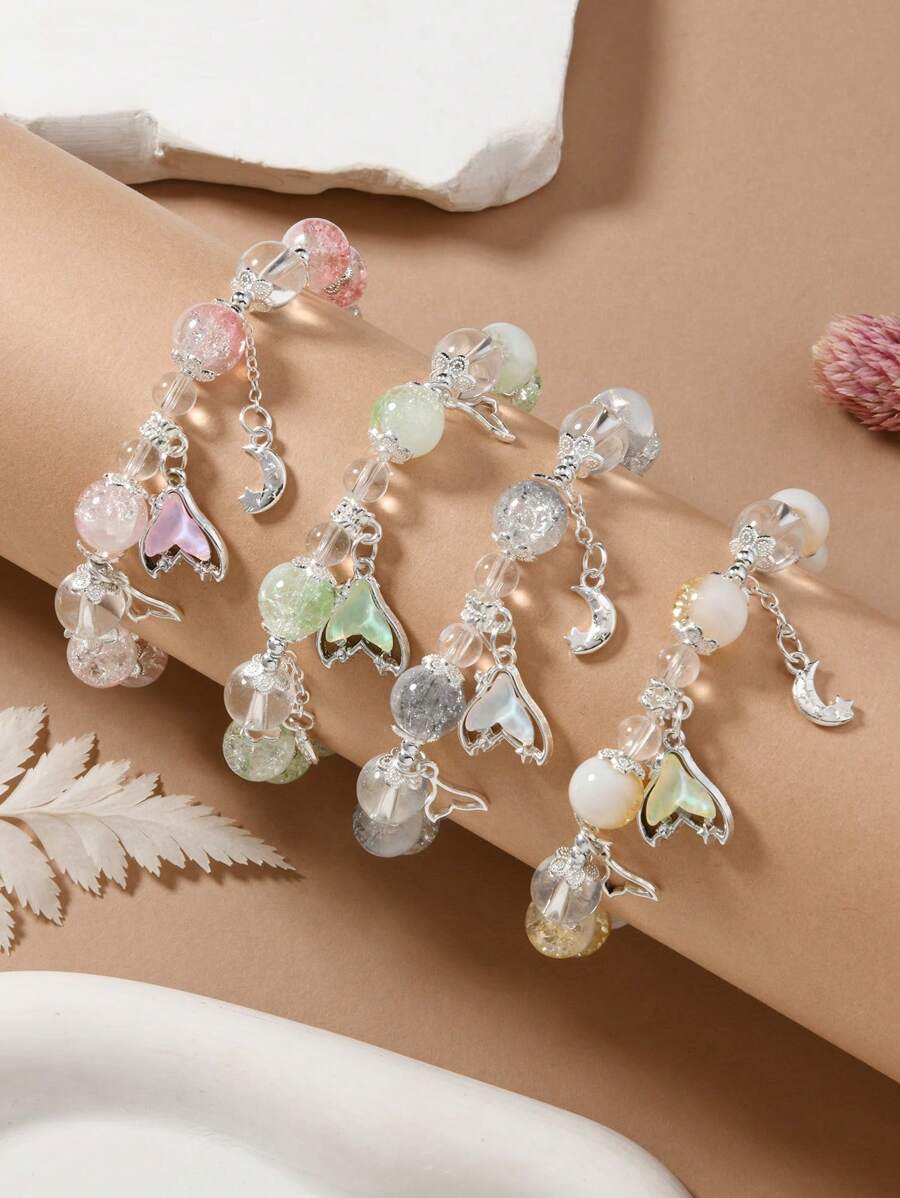 4pcs Ombre Crystal Cracked Glass Mermaid Tail, Star, Moon Charm Bead Bracelets, Handmade Girl's Festival Gift, Each Batch Has Color Variation - Multicolor - View 1