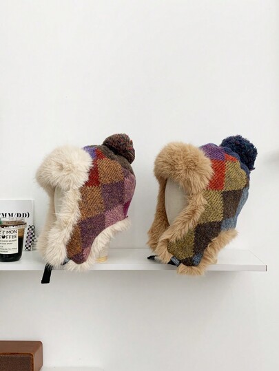 1pc Vintage Diamond Pattern Knitted Warm Earflap Hat, Thick Fleece Lined Winter Windproof Hat For Cycling, Skiing, Suitable For Northeast China, New Colorblock Plaid Trapper Hat For Women, Thick Warm Windproof Earflap Hat