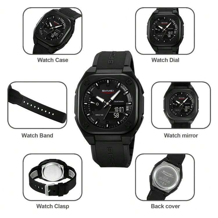 SKMEI 2328 Square Multifunction Men's Watch Dual Movement TPU Strap Sport Outdoor Cool Style Male Electronic Quartz Wristwatch - one-size - View 9