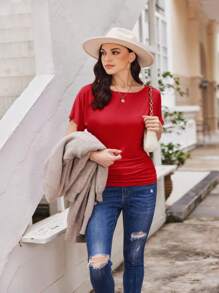 OUTBALL Women's Solid Short Sleeve Boat Neck Dolman Top With Side Shirring Casual Loose Fit T-Shirt - Đỏ - Xem 6