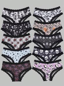 Morvia 10pcs Women Sexy Gothic Chic Low-Rise Hipsters - Contrast Lace, Allover Halloween Skull & Eyeballs & Stars & Jack-O-Lanterns Allover Print, Comfortable Hipster Panties For Women - Halloween Lingerie & Underwear-Comfortable, Assorted Styles, Perfect Gift Idea For Special Occasions Or Daily Wear