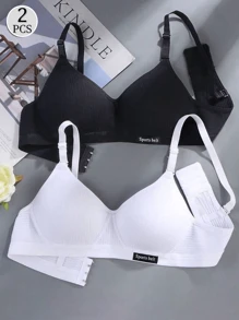 2pcs/Set Teen Girl Seamless Non-Underwire Sports Bra, Comfort Letter Graphic