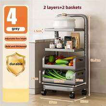Höhenverstellbares Küchenlagerregal, multifunktionaler Boden-Topf-Pfannenhalter mit Gemüsekorb & Rädern