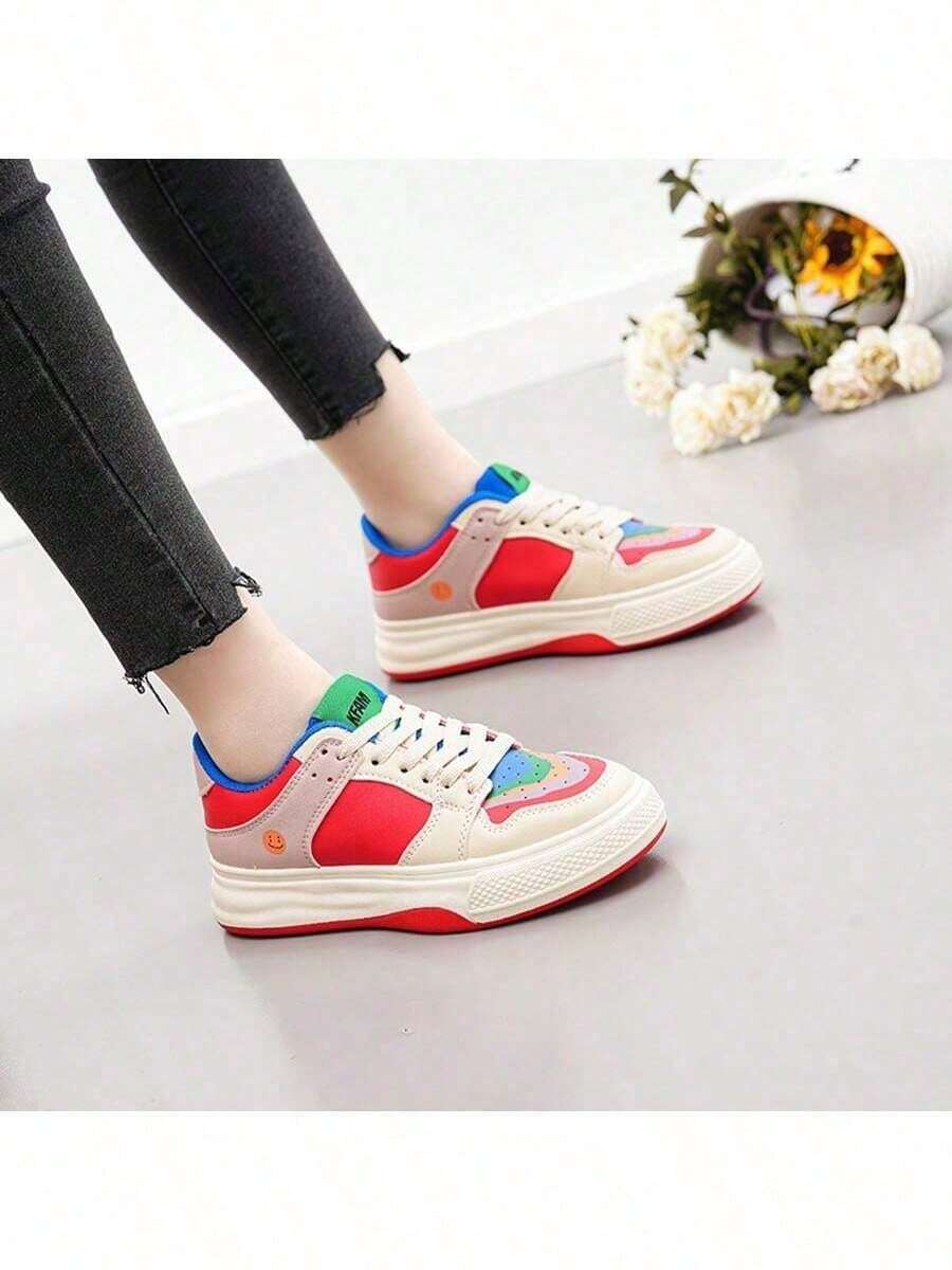 Chunky Sneakers Tennis Casual Sports Shoes For Women Multicolor Design Colorful Comfortable And Happy Face Breathable Sports Shoes For Students - 紅色 - 查看 1