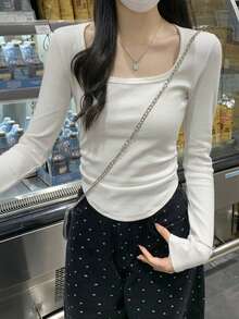 Women Square Neck Pullover T-Shirt, Wrinkle Design Fitted Short Crop Top