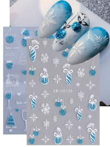 4 件蓝色梦幻雪花指甲贴纸闪耀新年圣诞蓝球酒杯手套灯笼树图案指甲贴花 3D 自粘闪光滑块美甲装饰' - 彩色 - 查看 3