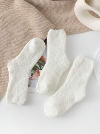 3 Pairs Black & White Fuzzy Socks, Solid Color Thick Coral Fleece Warm Mid-Calf Socks, Indoor Floor Socks