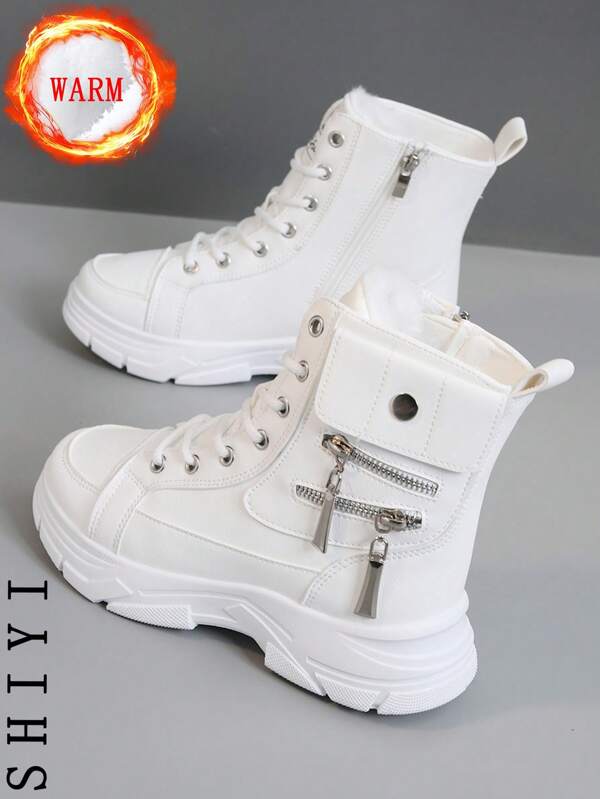 2024 New Arrival Women's White Snow Boots Casual Sneakers, Outdoor Warm Fur Lining Thick Bottom Fashionable Versatile Vacation Hiking Skateboarding Flat Lightweight Shoes, Winter