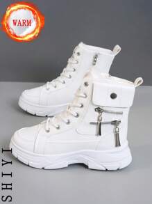 2024 New Arrival Women's White Snow Boots Casual Sneakers, Outdoor Warm Fur Lining Thick Bottom Fashionable Versatile Vacation Hiking Skateboarding Flat Lightweight Shoes, Winter