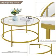 Mesa De Centro Cristal Templado Circular Minimalista Moderno - Dorado - Ver 3
