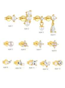 Bông tai đơn bằng bạc Sterling S925 hình cỏ bốn lá, đính ngọc trai và đá Zirconia, kiểu dáng không đều, dành cho nữ, có thể đeo chồng lên nhau. - bông tai đơn - Xem 1