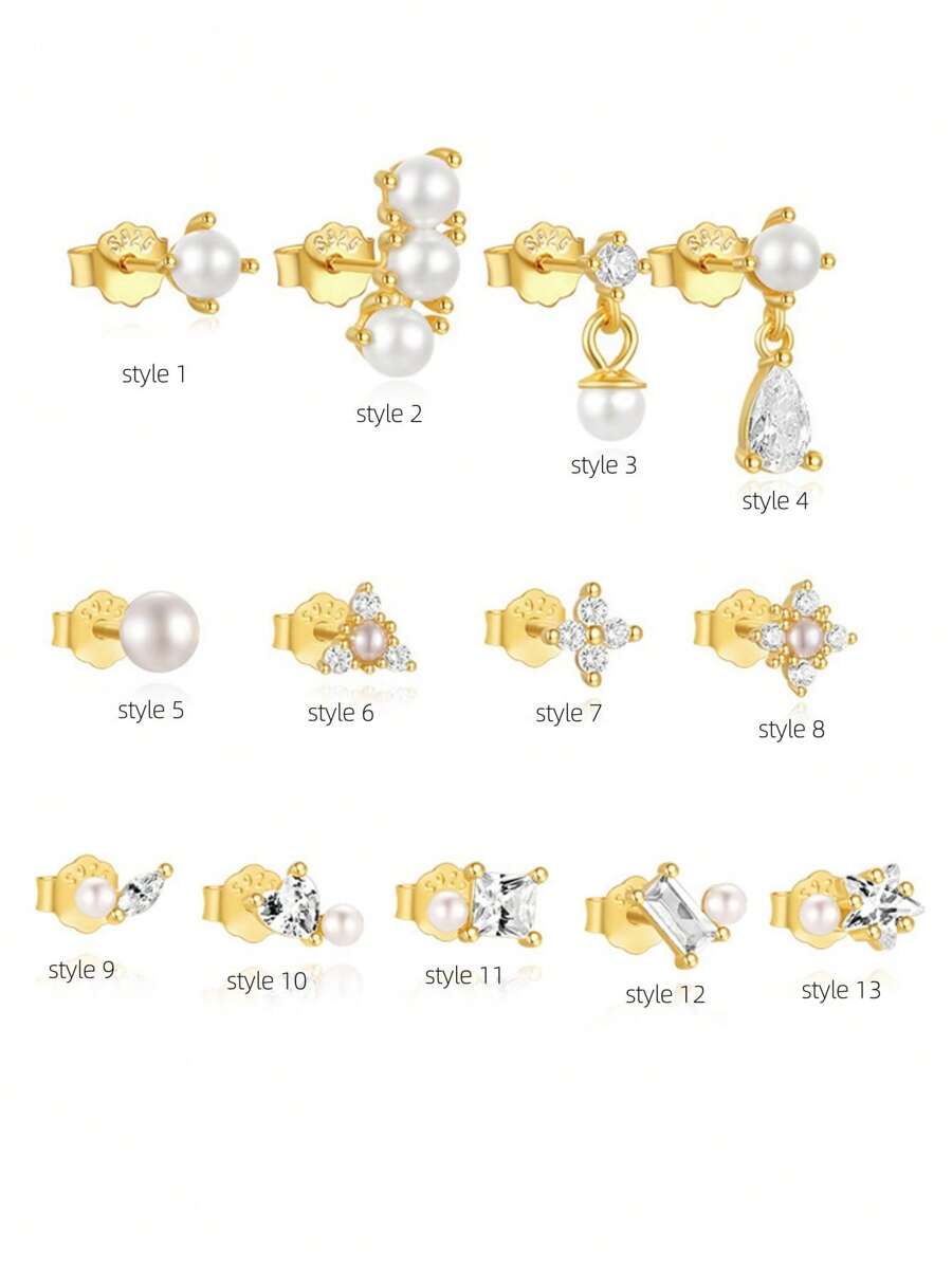 Bông tai đơn bằng bạc Sterling S925 hình cỏ bốn lá, đính ngọc trai và đá Zirconia, kiểu dáng không đều, dành cho nữ, có thể đeo chồng lên nhau. - bông tai đơn - Xem 1
